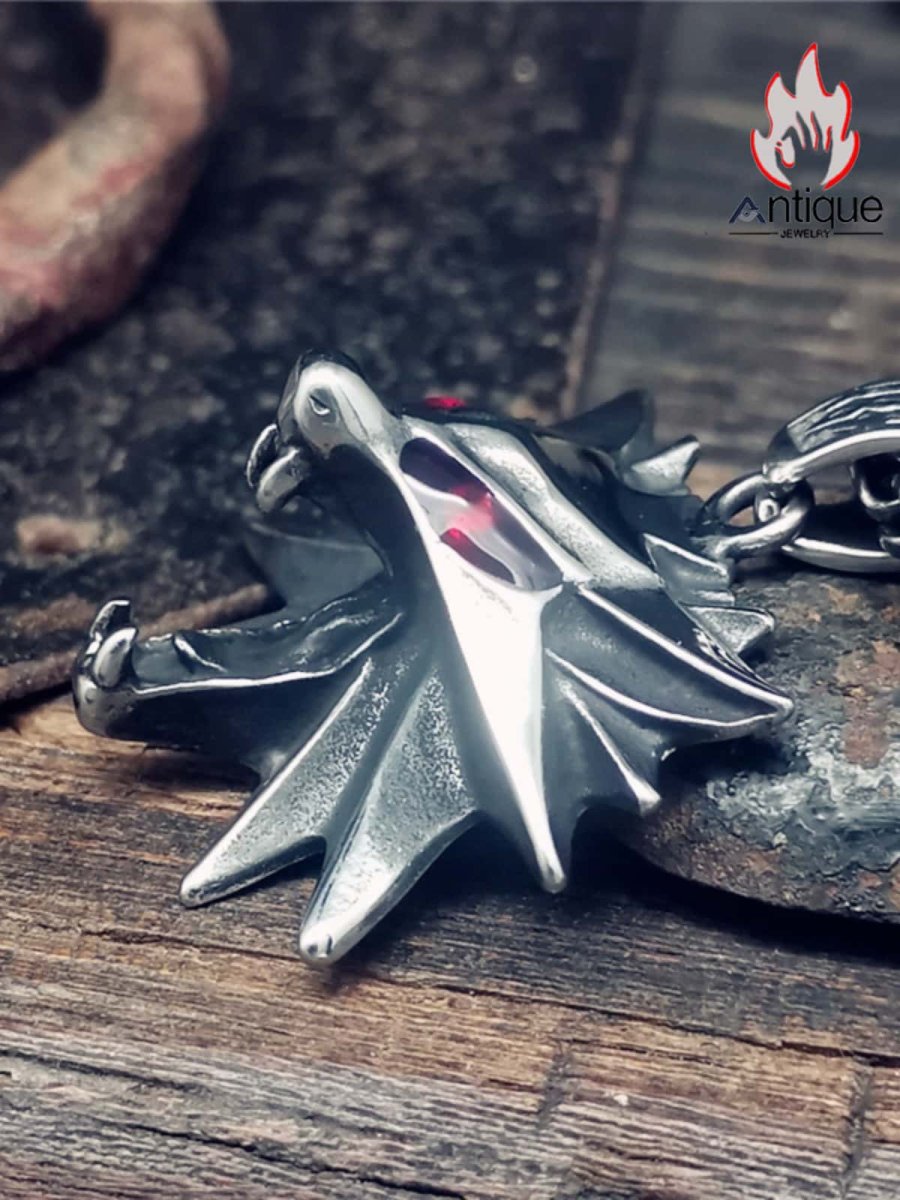 画像2: Antique Jewelry ウィザード3 狼学派マイクロチップネックレス、タイプステン鋼、男性のリユーブアンドパルフェッシュスタイル、エルフの赤い目と狼の首のペンダント (2)