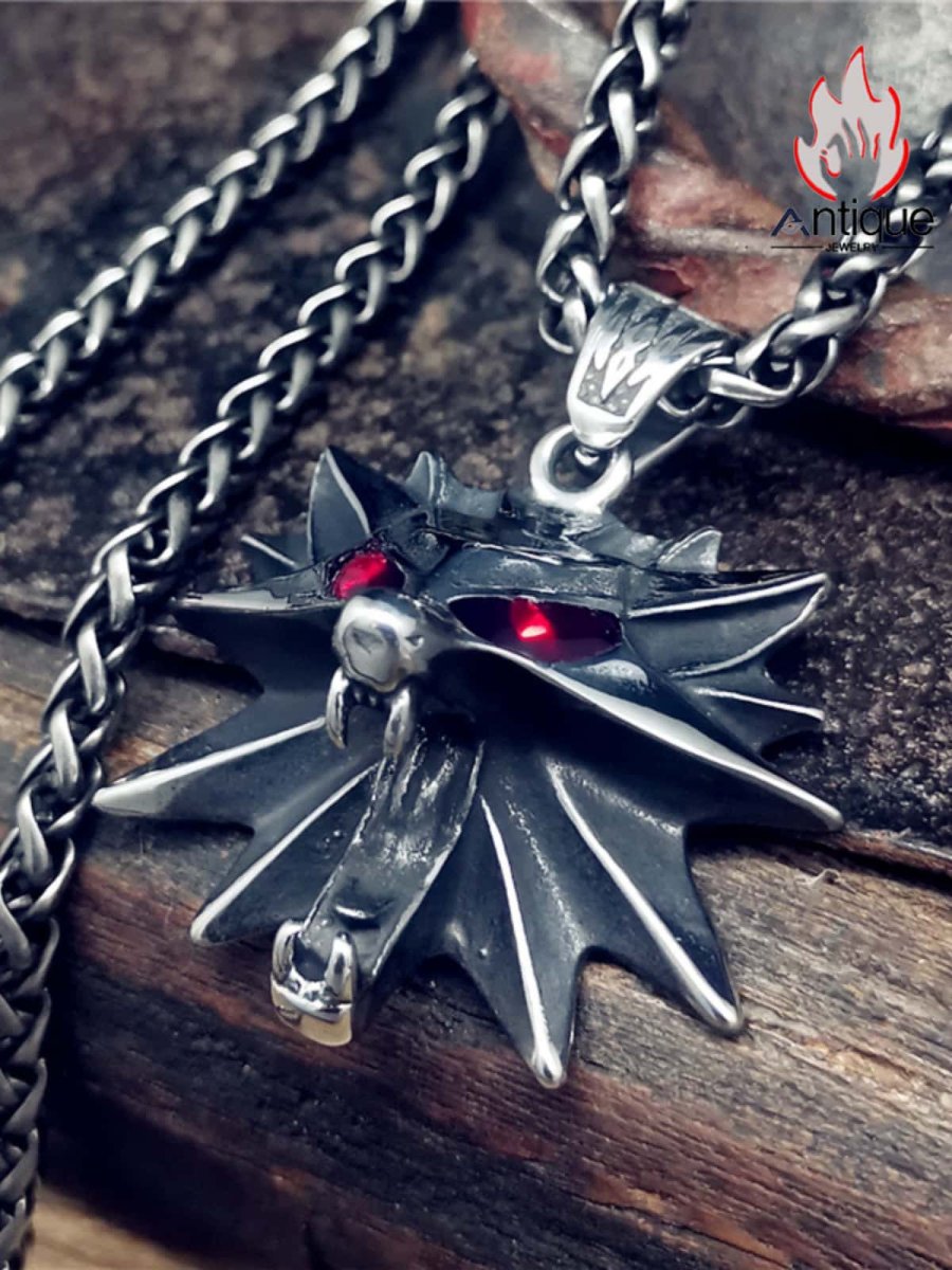 画像3: Antique Jewelry ウィザード3 狼学派マイクロチップネックレス、タイプステン鋼、男性のリユーブアンドパルフェッシュスタイル、エルフの赤い目と狼の首のペンダント (3)