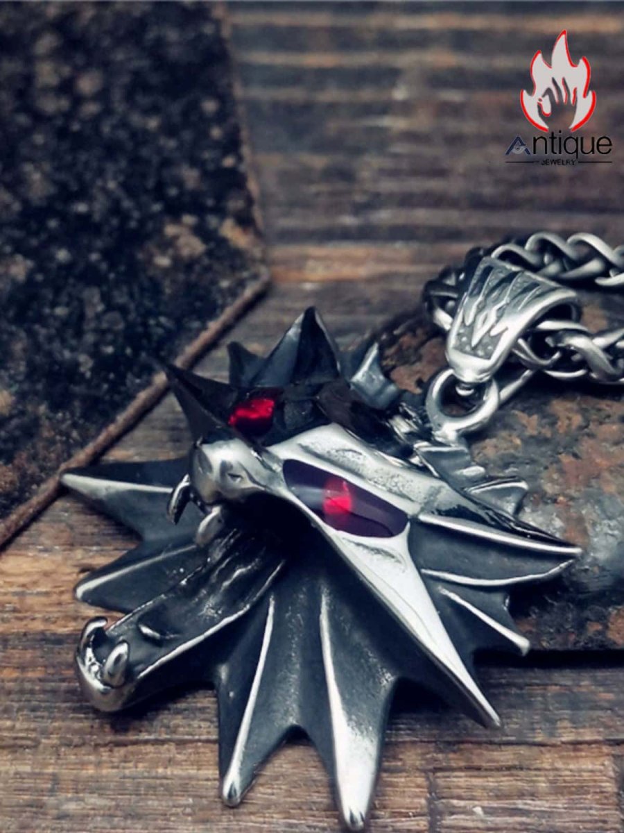 画像5: Antique Jewelry ウィザード3 狼学派マイクロチップネックレス、タイプステン鋼、男性のリユーブアンドパルフェッシュスタイル、エルフの赤い目と狼の首のペンダント (5)