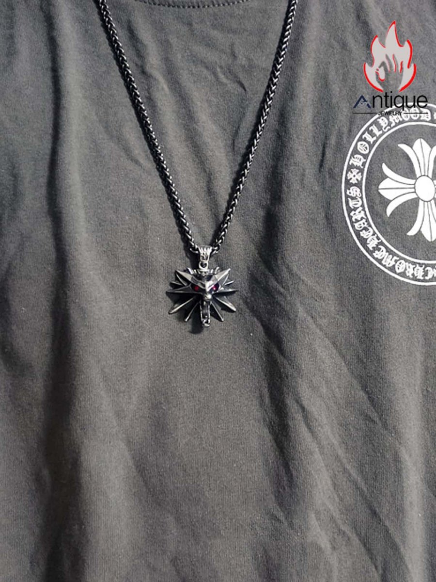 画像7: Antique Jewelry ウィザード3 狼学派マイクロチップネックレス、タイプステン鋼、男性のリユーブアンドパルフェッシュスタイル、エルフの赤い目と狼の首のペンダント (7)