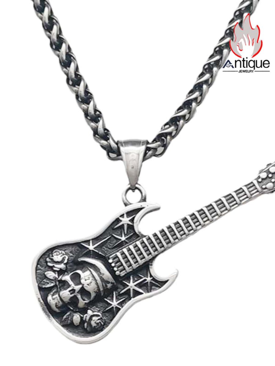 画像1: Antique Jewelry ダークロックベースネックレス、ヴィンテージパンクメンズチタンスチールパーソナルスカルヘッドエレキギターペンダント (1)