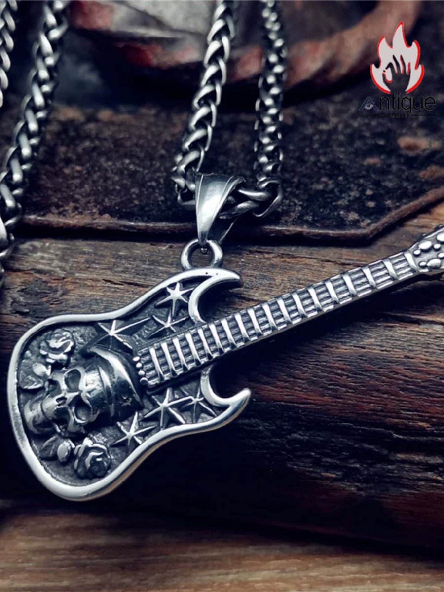 画像3: Antique Jewelry ダークロックベースネックレス、ヴィンテージパンクメンズチタンスチールパーソナルスカルヘッドエレキギターペンダント (3)