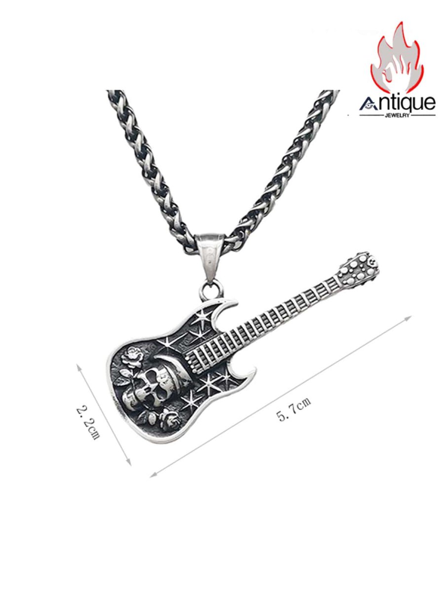 画像6: Antique Jewelry ダークロックベースネックレス、ヴィンテージパンクメンズチタンスチールパーソナルスカルヘッドエレキギターペンダント (6)
