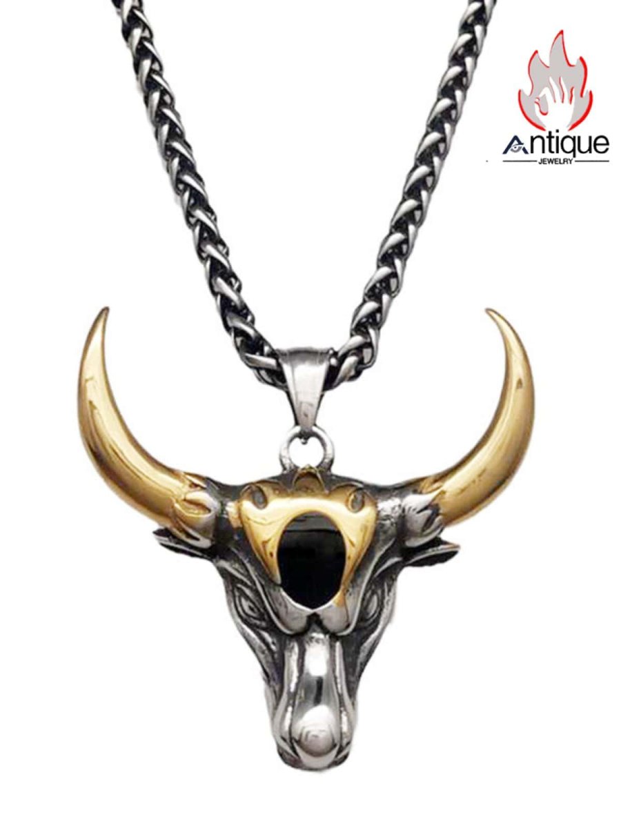 画像1: Antique Jewelry 金角牛頭ネックレス オリジナルパーソナル パンク風タイタンスチール レトロ 十二支牛角 男性用ペンダント (1)