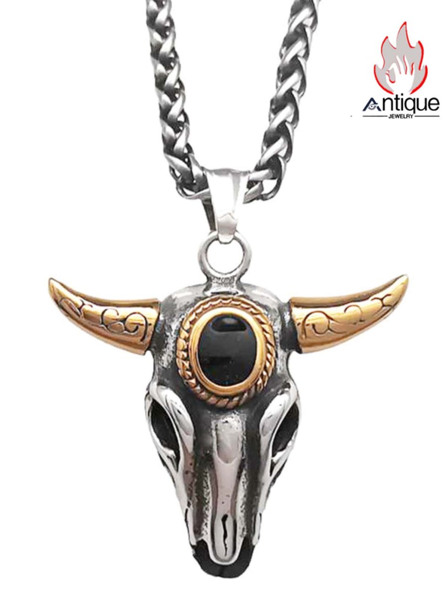 画像1: Antique Jewelry ヴィンテージマヤトーテム牛頭スカルネックレス パンク チタンスチール オリジナル パワフルな金の牛角ペンダント 男性用 (1)