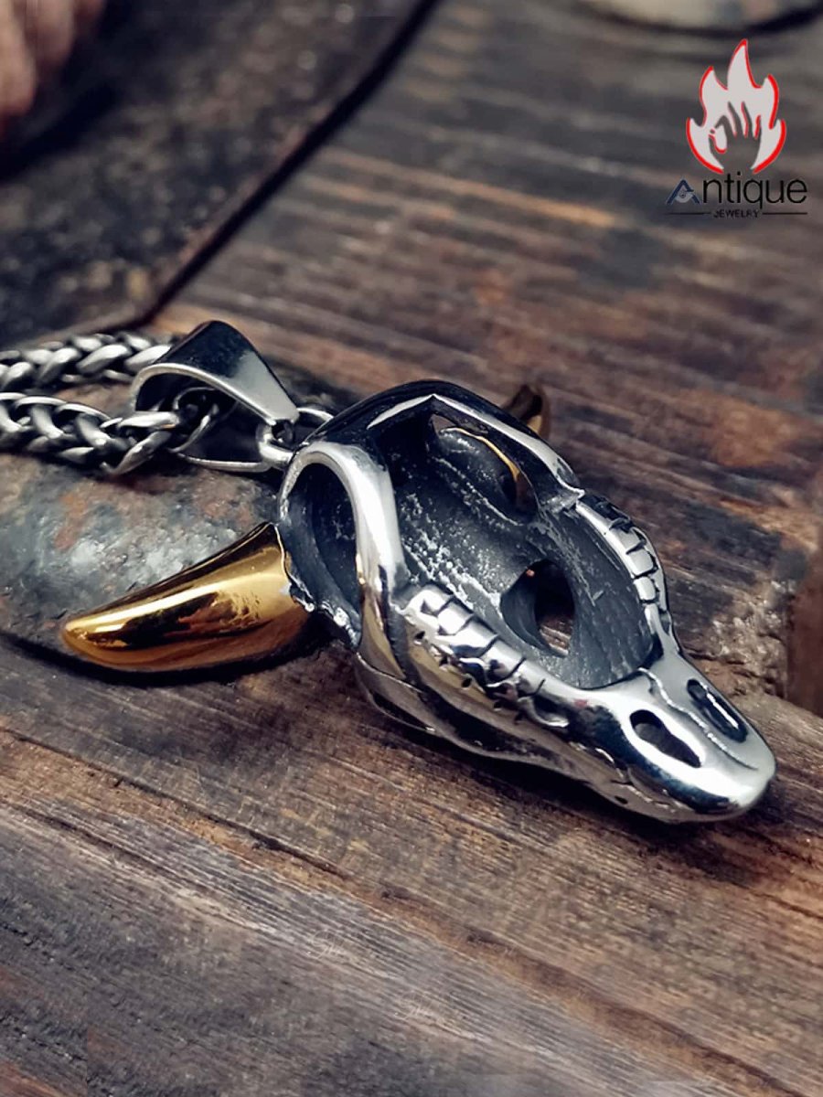 画像5: Antique Jewelry ヴィンテージマヤトーテム牛頭スカルネックレス パンク チタンスチール オリジナル パワフルな金の牛角ペンダント 男性用 (5)