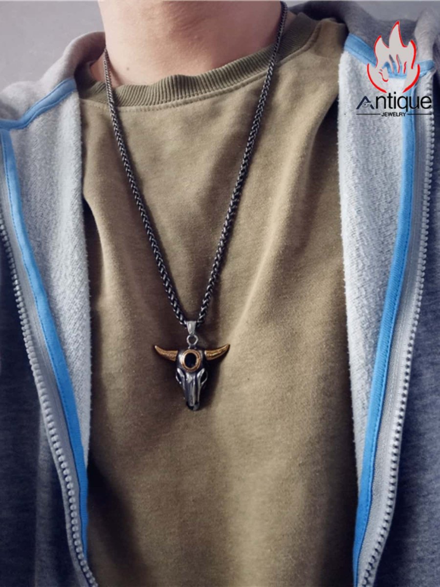 画像6: Antique Jewelry ヴィンテージマヤトーテム牛頭スカルネックレス パンク チタンスチール オリジナル パワフルな金の牛角ペンダント 男性用 (6)