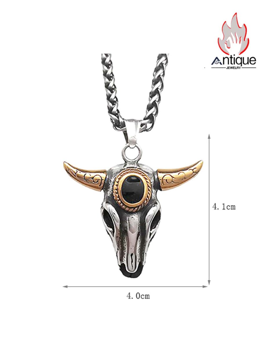 画像7: Antique Jewelry ヴィンテージマヤトーテム牛頭スカルネックレス パンク チタンスチール オリジナル パワフルな金の牛角ペンダント 男性用 (7)