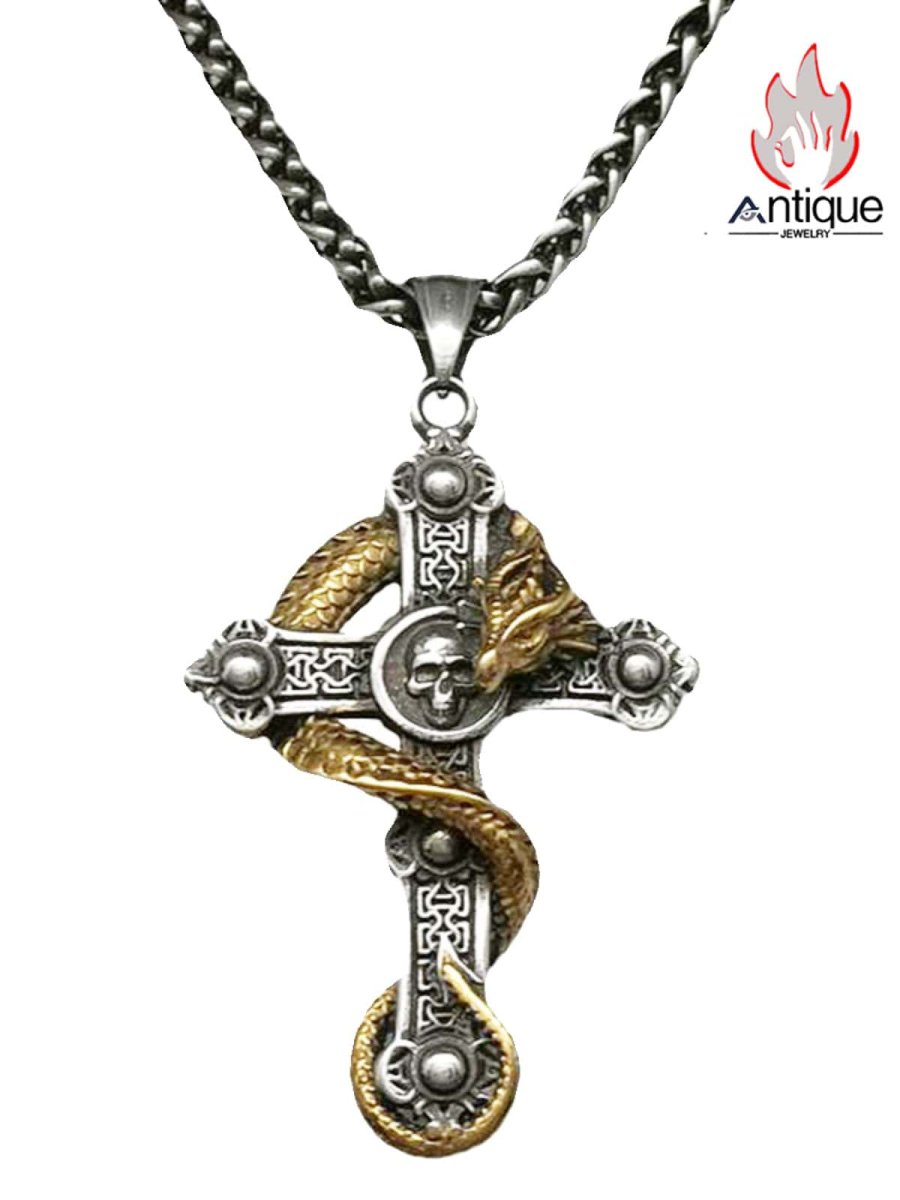 画像1: Antique Jewelry ダークロック 頭蓋骨と龍の十字架ネックレス チタンスチール パンク欧米 ヴィンテージ オリジナルパーソナルメンズペンダント (1)
