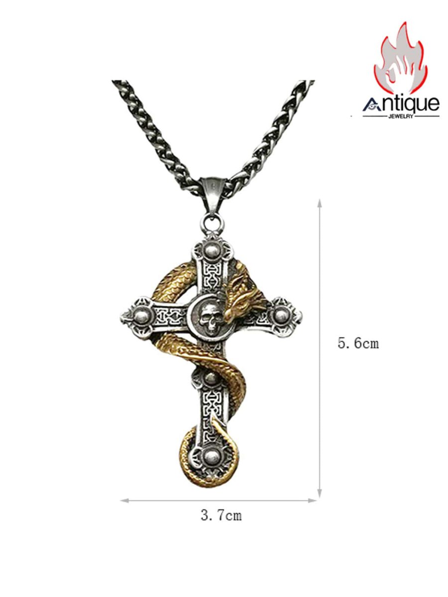 画像7: Antique Jewelry ダークロック 頭蓋骨と龍の十字架ネックレス チタンスチール パンク欧米 ヴィンテージ オリジナルパーソナルメンズペンダント (7)