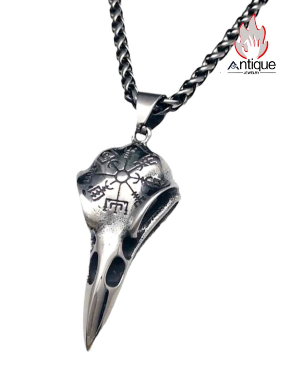 画像1: Antique Jewelry バイキングのカラスの頭蓋骨ネックレス 男性用ヴィンテージ パンク チタンスチール 北欧オーディンの渡り鳥スカルペンダント (1)