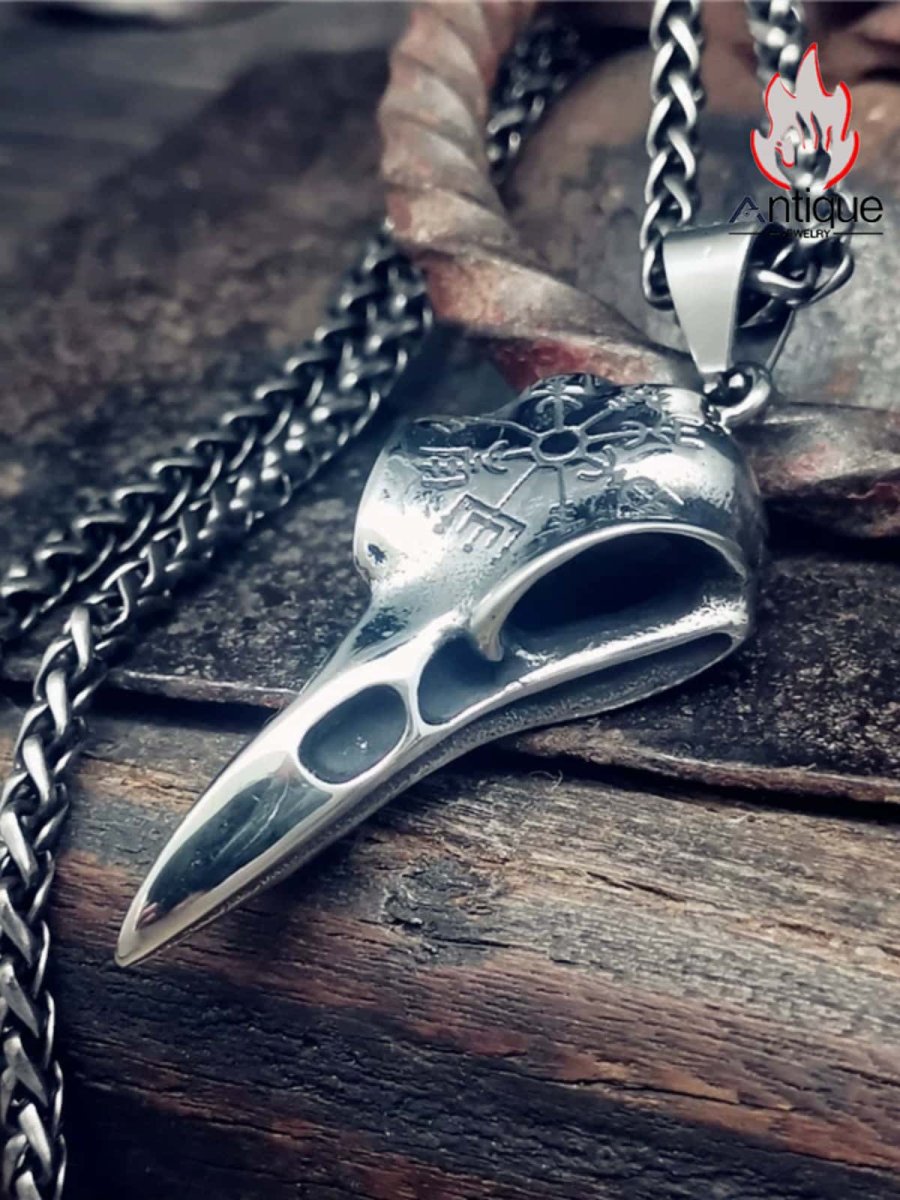 画像2: Antique Jewelry バイキングのカラスの頭蓋骨ネックレス 男性用ヴィンテージ パンク チタンスチール 北欧オーディンの渡り鳥スカルペンダント (2)
