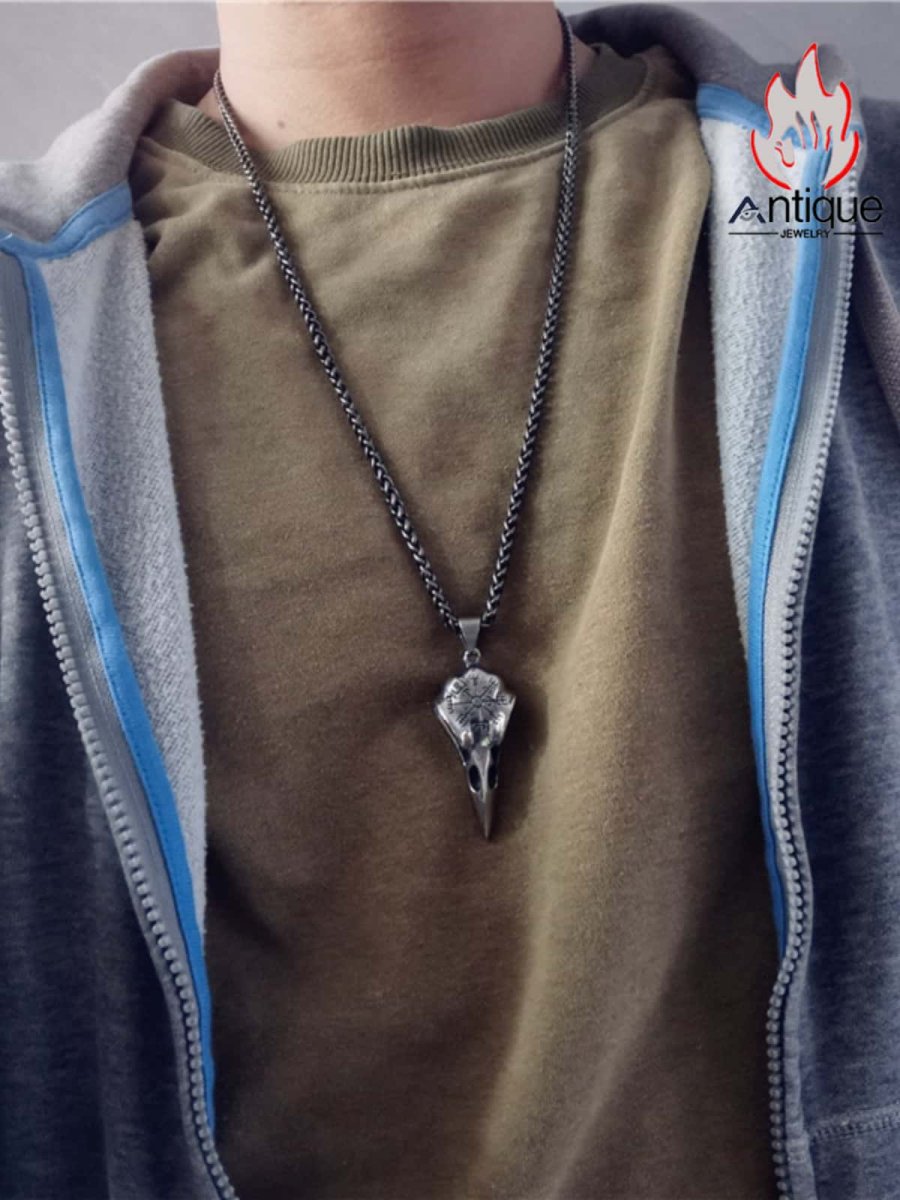 画像5: Antique Jewelry バイキングのカラスの頭蓋骨ネックレス 男性用ヴィンテージ パンク チタンスチール 北欧オーディンの渡り鳥スカルペンダント (5)