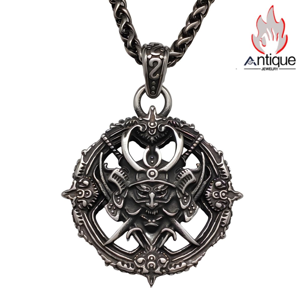画像1: Antique Jewelry 鬼武士アーマーネックレス メンズ レトロ パンクスタイル チタン鋼 オリジナルデザイン スカル浮彫りペンダント (1)