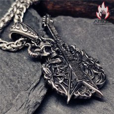 画像2: Antique Jewelry ダークデビルスカル エレキギター メンズネックレス レトロパンク風 チタンスチール ユニークデザイン ペンダント (2)