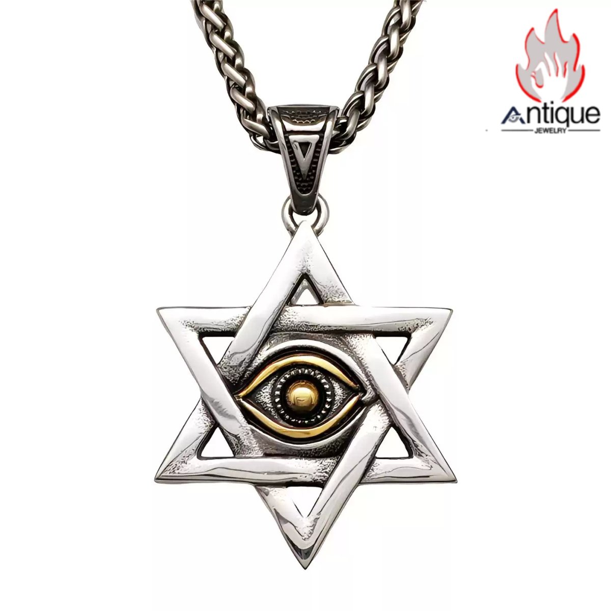 画像1: Antique Jewelry レトロ 六芒星 ゴールデン オールシーイングアイ メンズネックレス チタンスチール 万能デザイン ペンダント (1)