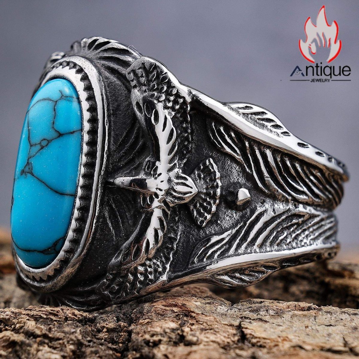 画像4: Antique Jewelry クリエイティブ パンクスタイル 個性的 ターコイズインレイリング ワシ モード メンズ ファッション リングアクセサリー (4)