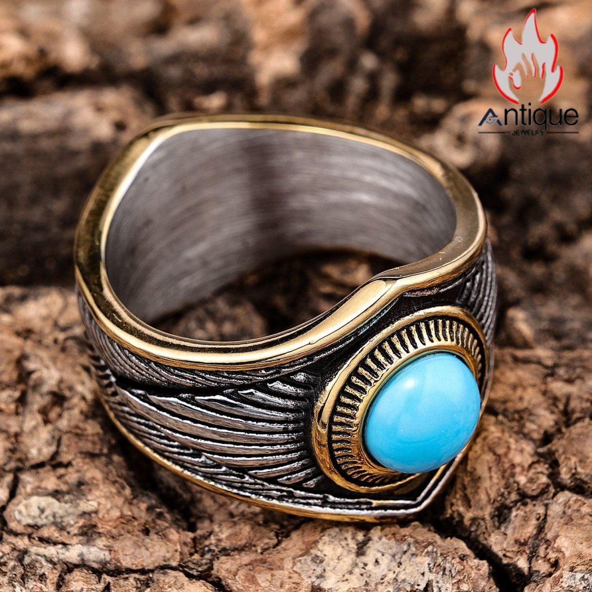 画像2: Antique Jewelry パンクスタイル ファッション 欧米風 ヴィンテージ ターコイズインレイ八芒星リング 個性的 インディアンスタイルアクセサリー (2)