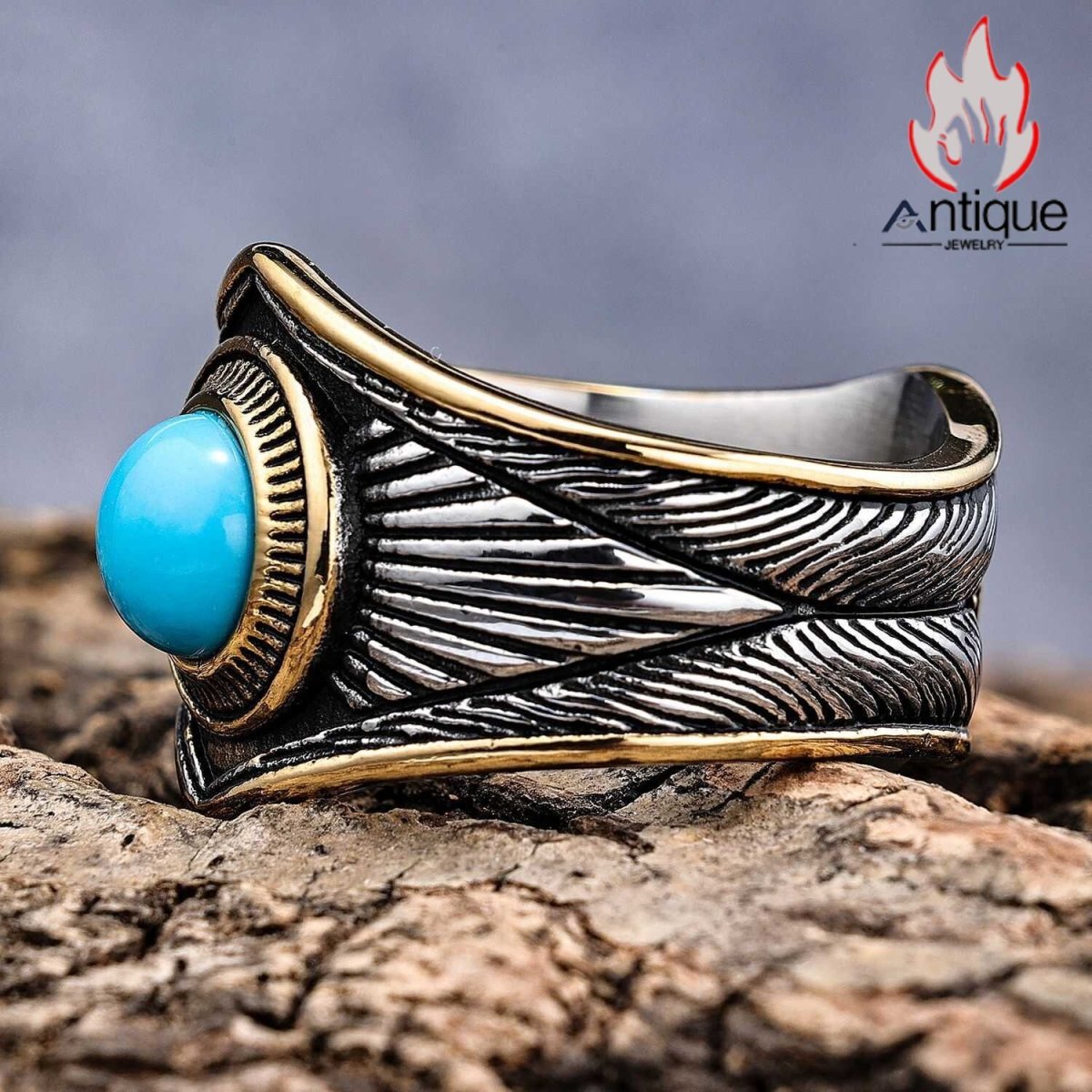 画像3: Antique Jewelry パンクスタイル ファッション 欧米風 ヴィンテージ ターコイズインレイ八芒星リング 個性的 インディアンスタイルアクセサリー (3)