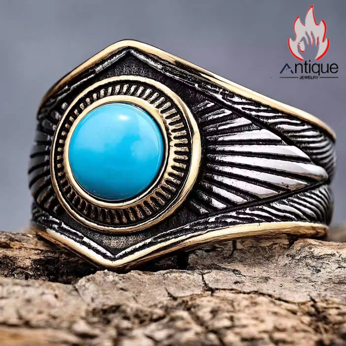 画像4: Antique Jewelry パンクスタイル ファッション 欧米風 ヴィンテージ ターコイズインレイ八芒星リング 個性的 インディアンスタイルアクセサリー (4)