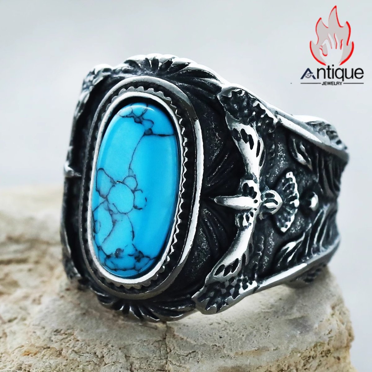 画像3: Antique Jewelry 欧米風 INSスタイル 個性的 ファッション ブルーターコイズインレイ メンズリング (3)