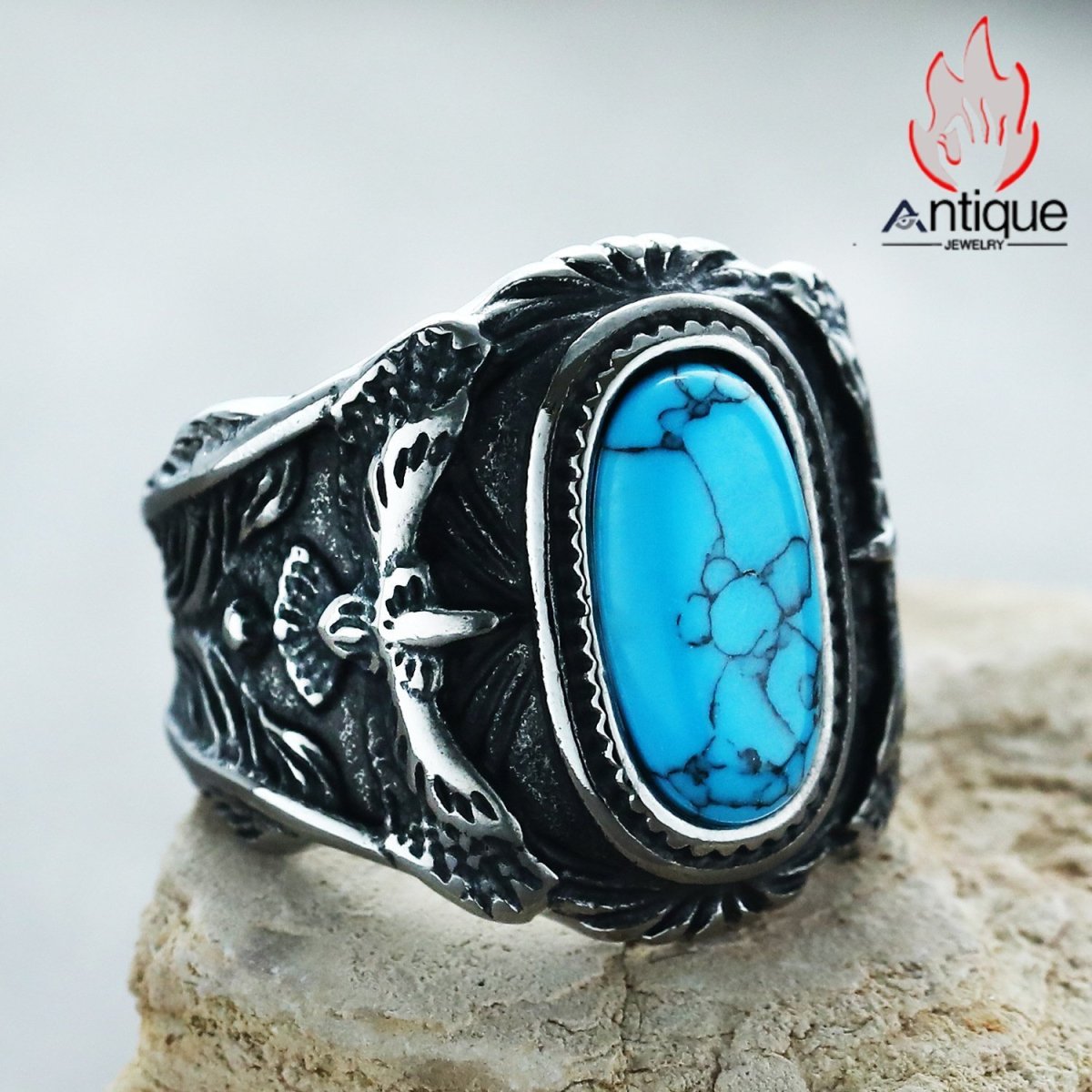 画像4: Antique Jewelry 欧米風 INSスタイル 個性的 ファッション ブルーターコイズインレイ メンズリング (4)