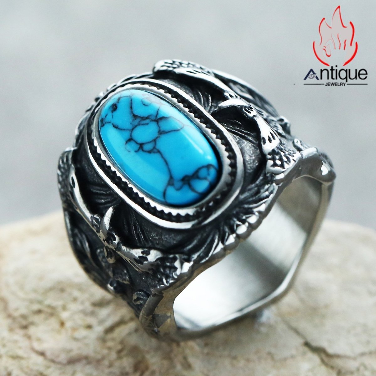 画像6: Antique Jewelry 欧米風 INSスタイル 個性的 ファッション ブルーターコイズインレイ メンズリング (6)