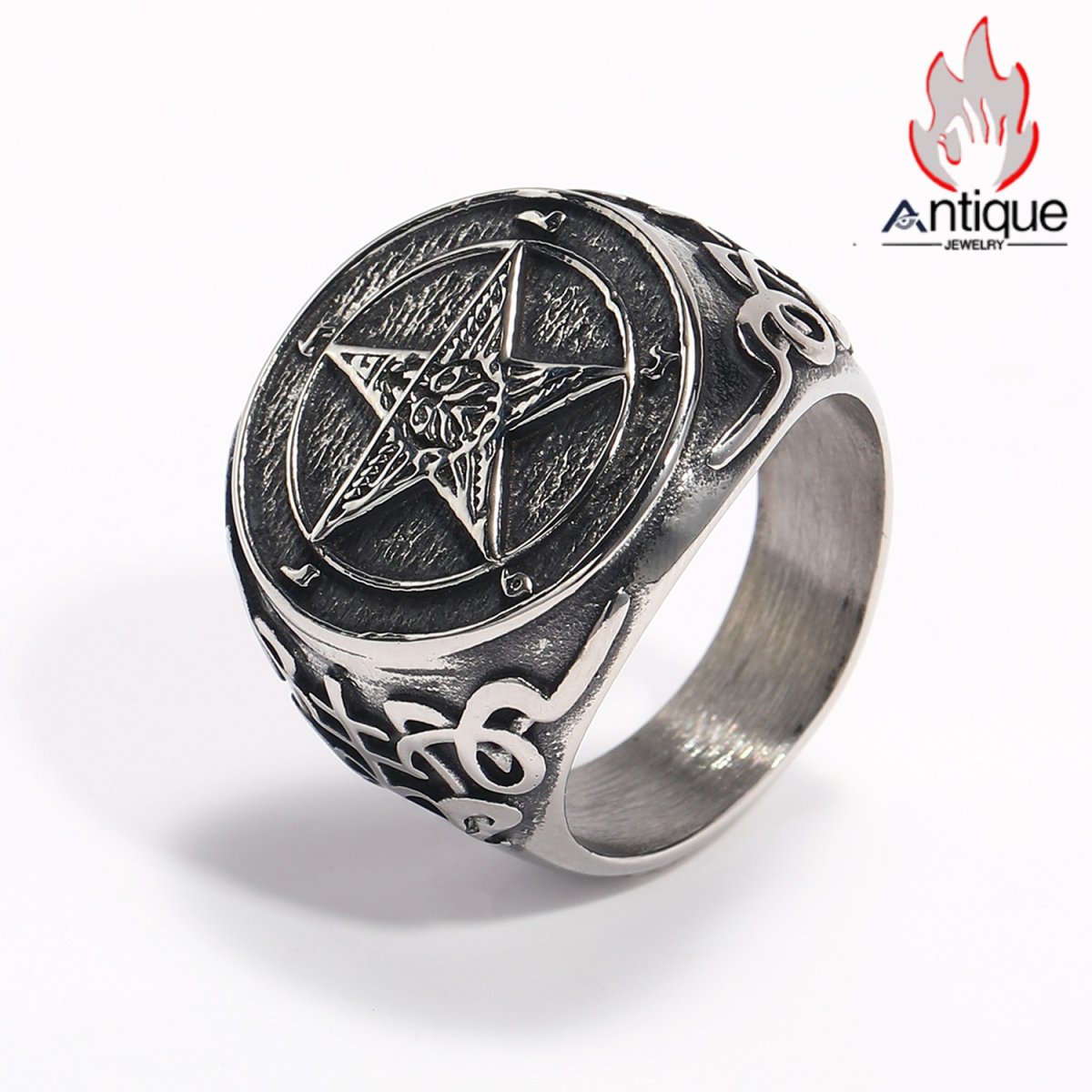 画像1: Antique Jewelry 新作 ワイドサイズ ビッグサイズ サタン悪魔 チタンスチールリング メンズアクセサリー ヴィンテージパンク風 五芒星指輪 (1)