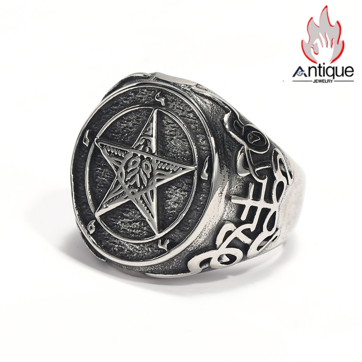画像2: Antique Jewelry 新作 ワイドサイズ ビッグサイズ サタン悪魔 チタンスチールリング メンズアクセサリー ヴィンテージパンク風 五芒星指輪 (2)