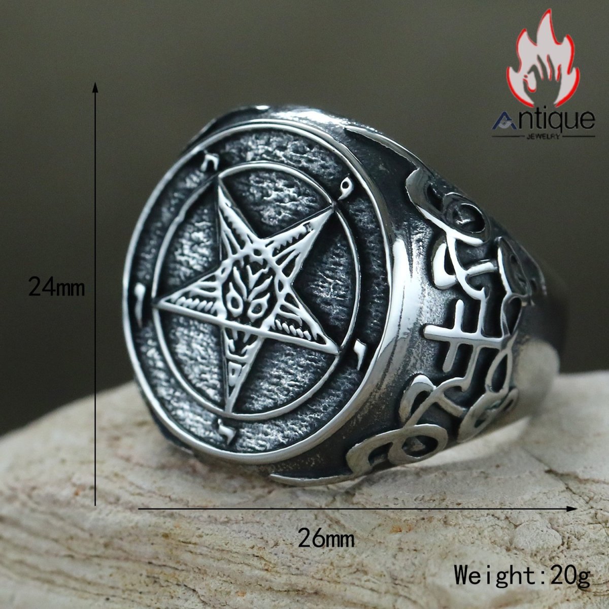 画像3: Antique Jewelry 新作 ワイドサイズ ビッグサイズ サタン悪魔 チタンスチールリング メンズアクセサリー ヴィンテージパンク風 五芒星指輪 (3)