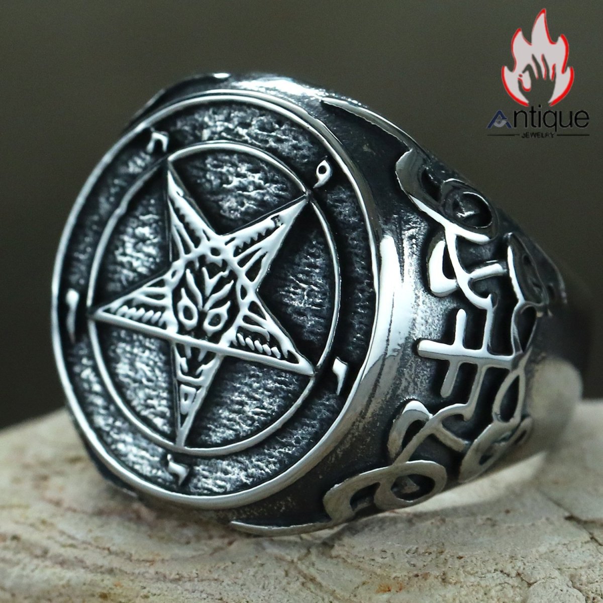 画像4: Antique Jewelry 新作 ワイドサイズ ビッグサイズ サタン悪魔 チタンスチールリング メンズアクセサリー ヴィンテージパンク風 五芒星指輪 (4)