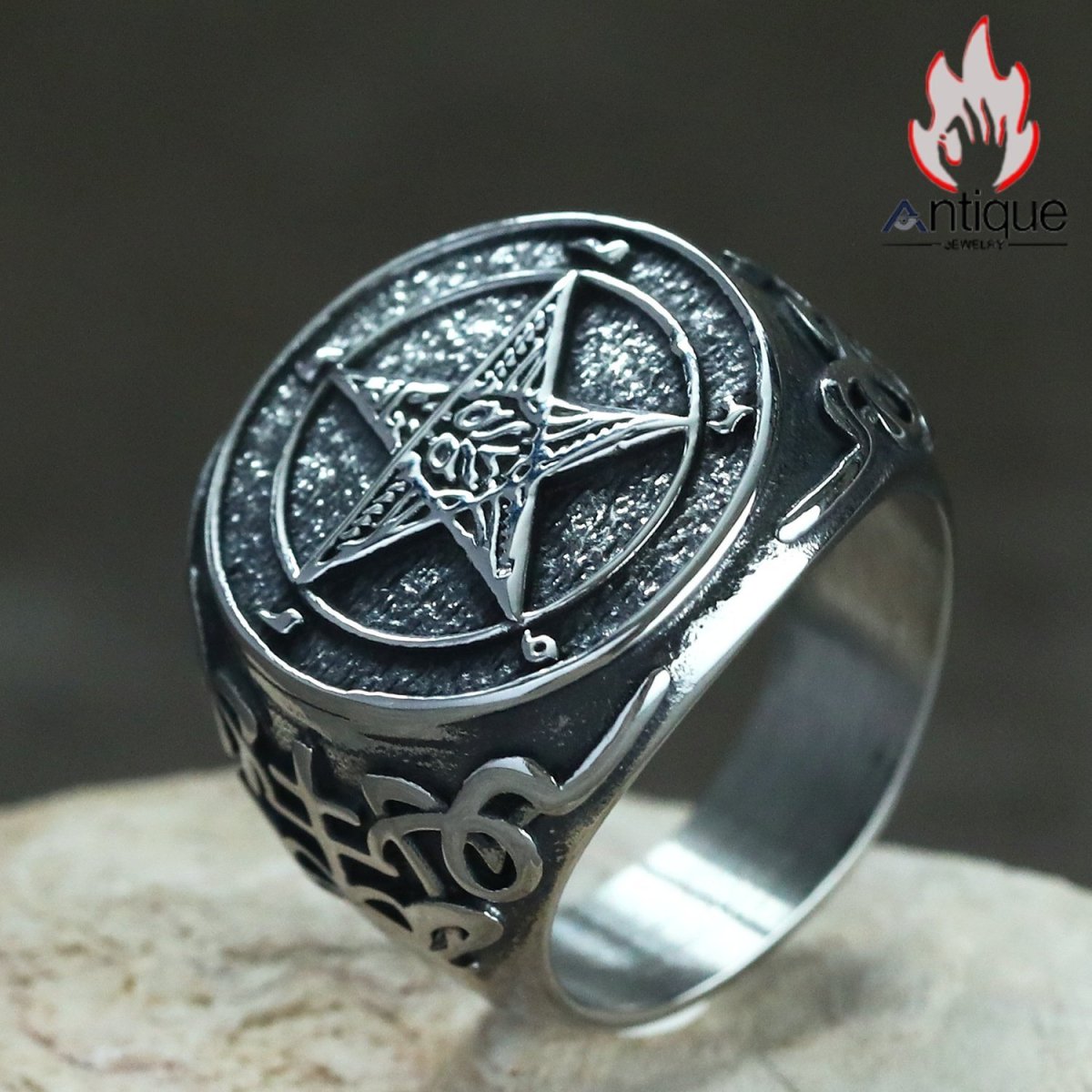 画像5: Antique Jewelry 新作 ワイドサイズ ビッグサイズ サタン悪魔 チタンスチールリング メンズアクセサリー ヴィンテージパンク風 五芒星指輪 (5)