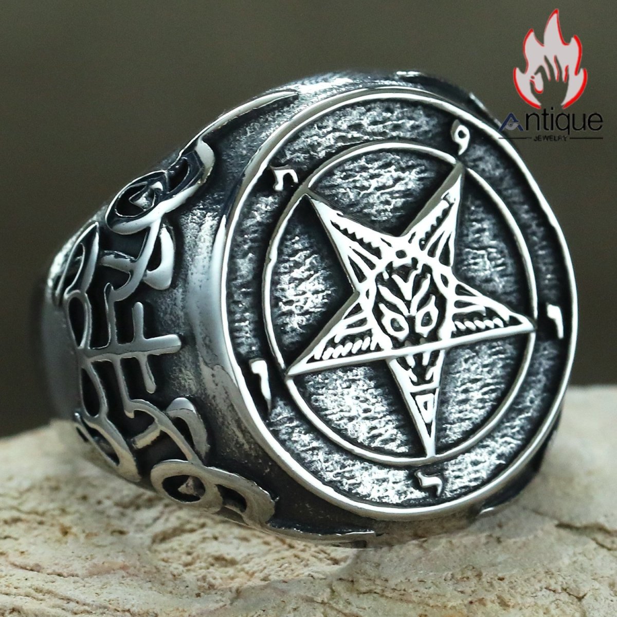 画像6: Antique Jewelry 新作 ワイドサイズ ビッグサイズ サタン悪魔 チタンスチールリング メンズアクセサリー ヴィンテージパンク風 五芒星指輪 (6)