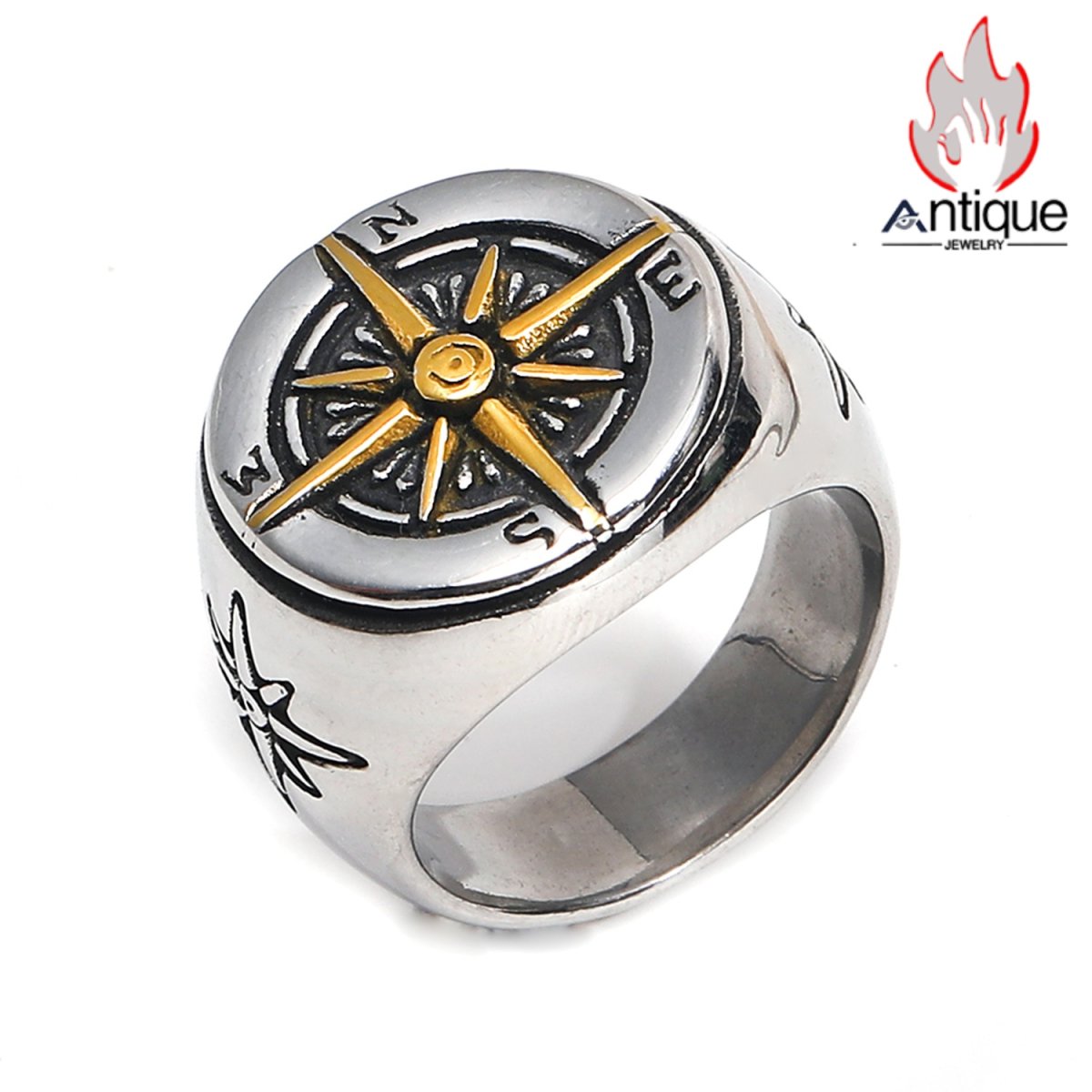 画像1: Antique Jewelry 欧米風 中世ヴィンテージ ラウンドコンパス メンズリング 航海スタイル ファッションアクセサリー指輪 (1)