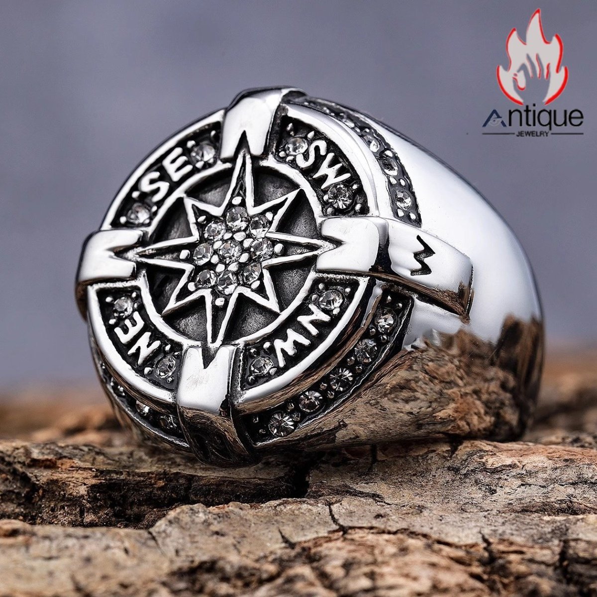 画像2: Antique Jewelry 北欧風 高級感 海神の八芒星 ダイヤモンド付きコンパスリング チタン鋼素材 ファッションアクセサリー (2)