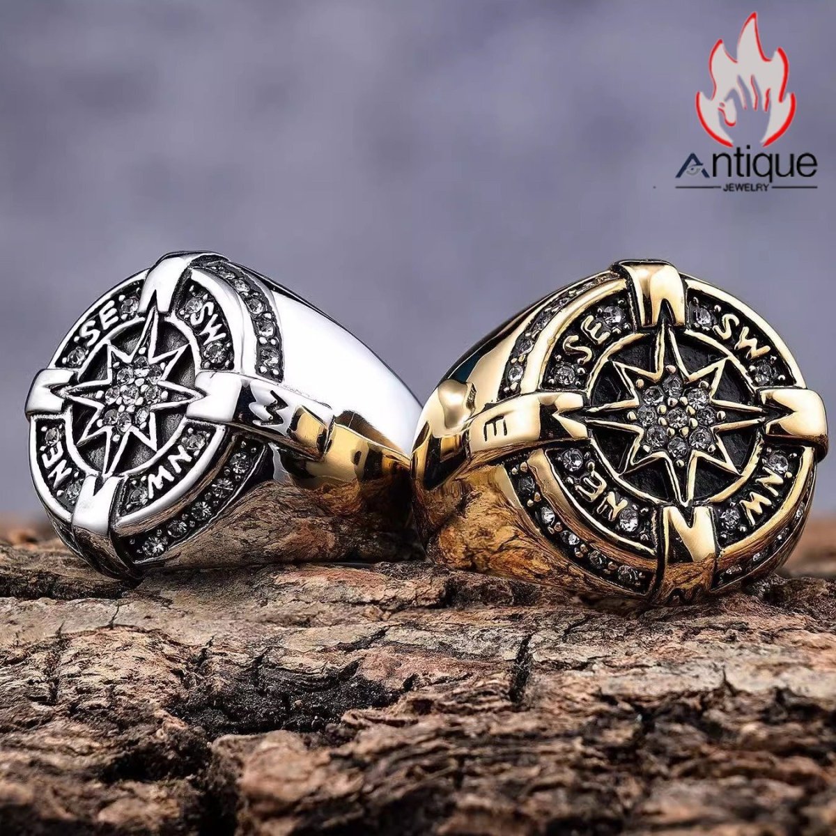 画像6: Antique Jewelry 北欧風 高級感 海神の八芒星 ダイヤモンド付きコンパスリング チタン鋼素材 ファッションアクセサリー (6)