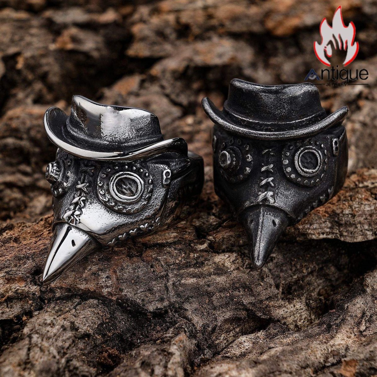 画像4: Antique Jewelry パンクスタイル 欧米風 カラス紳士スカル チタン鋼 メンズリング 個性ヒップホップ風 レトロアクセサリー (4)