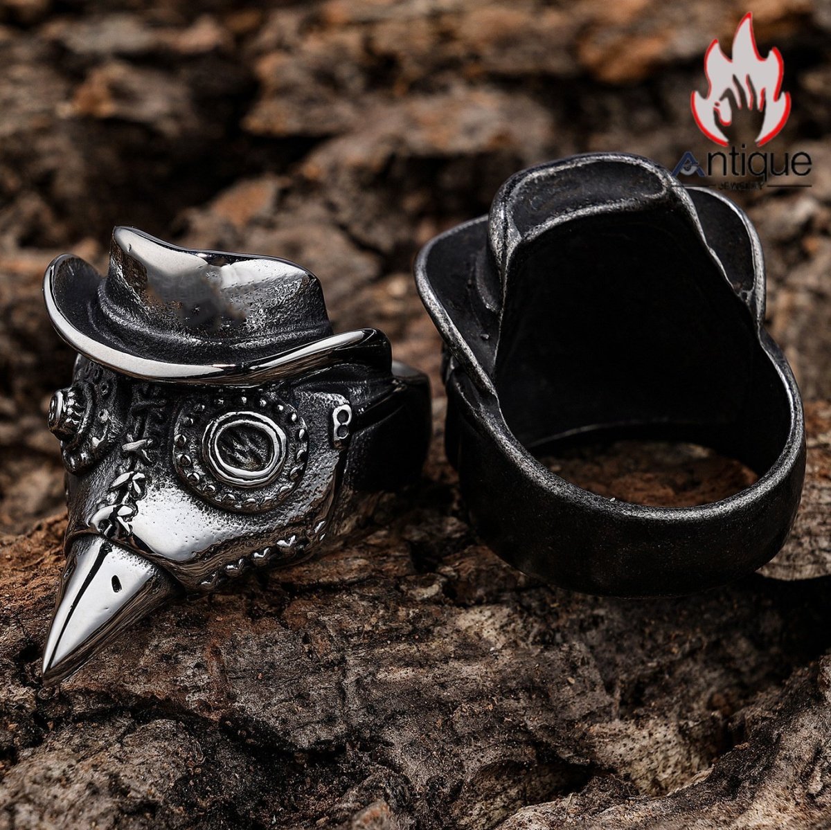 画像5: Antique Jewelry パンクスタイル 欧米風 カラス紳士スカル チタン鋼 メンズリング 個性ヒップホップ風 レトロアクセサリー (5)