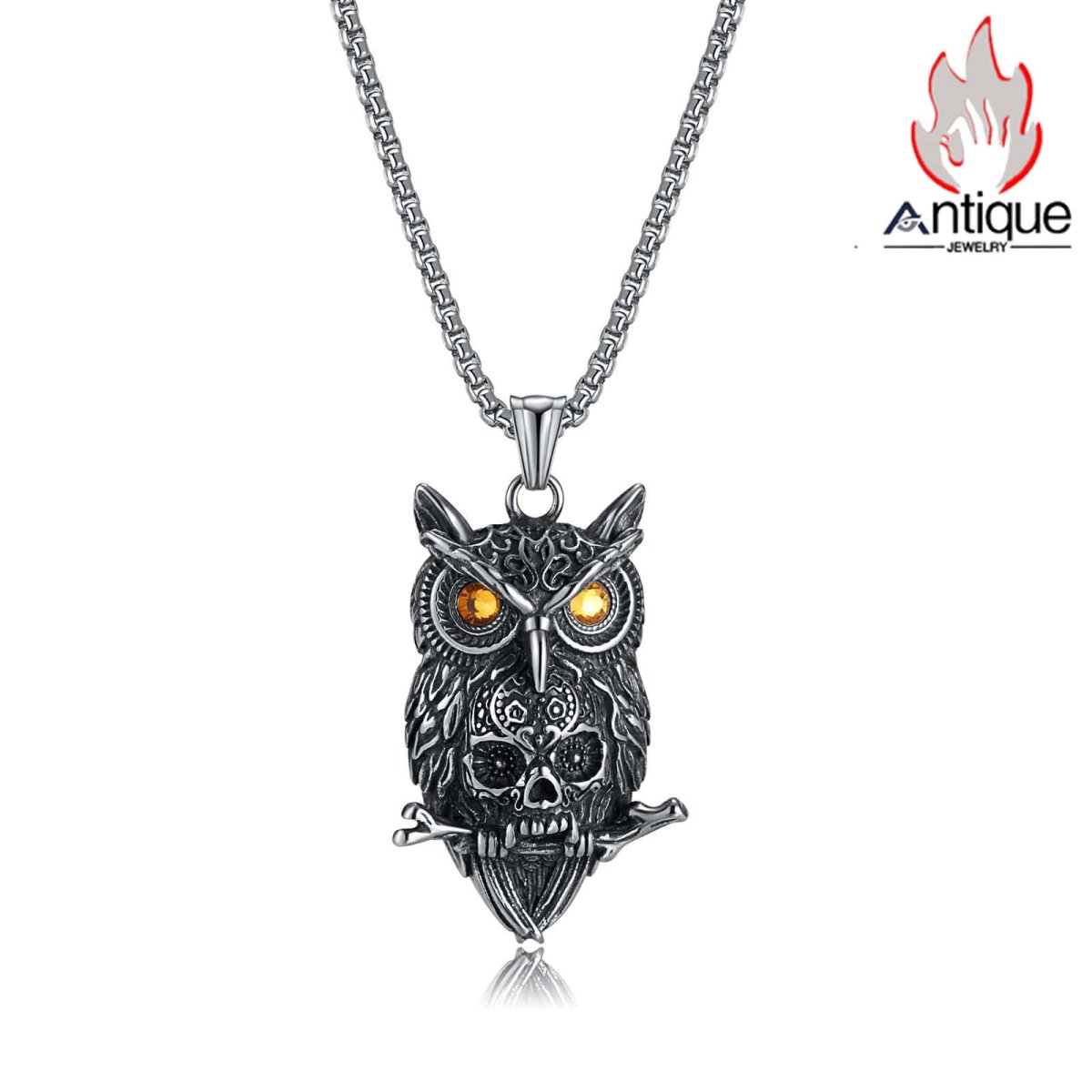 画像1: Antique Jewelry ヴィンテージ パンク風チタンスチール フクロウとスカルペンダント ネックレス 色落ちしない 高級感のあるメンズアクセサリー (1)