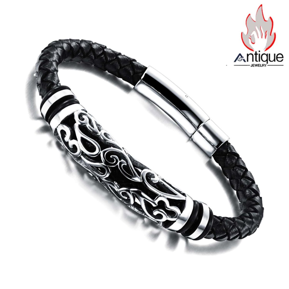 画像1: Antique Jewelry ファッションアクセサリー チタンスチールブレスレット 本革編み込み 高級感 シンプルなメンズジュエリー (1)