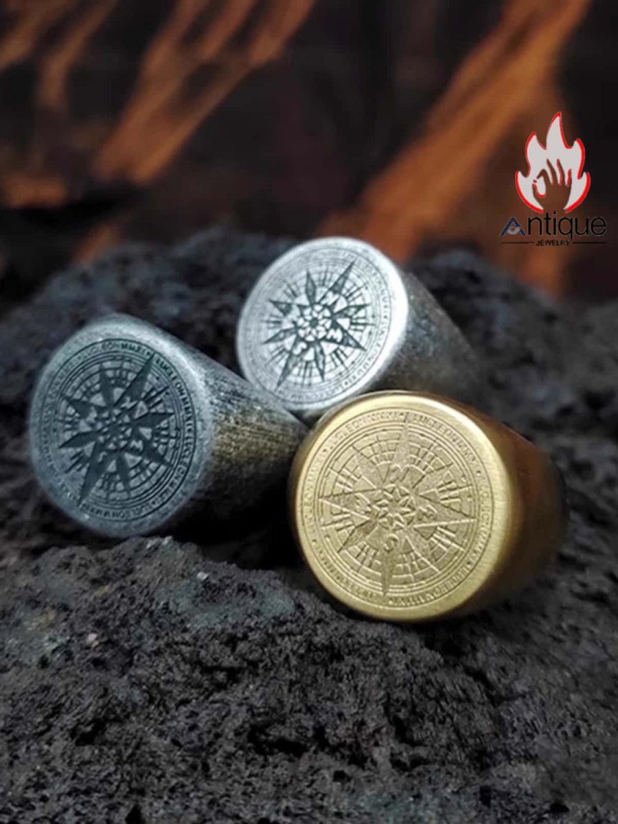 画像3: Antique Jewelry ビンテージ風コンパストーテムリング チタンスチール メンズ指輪 (3)