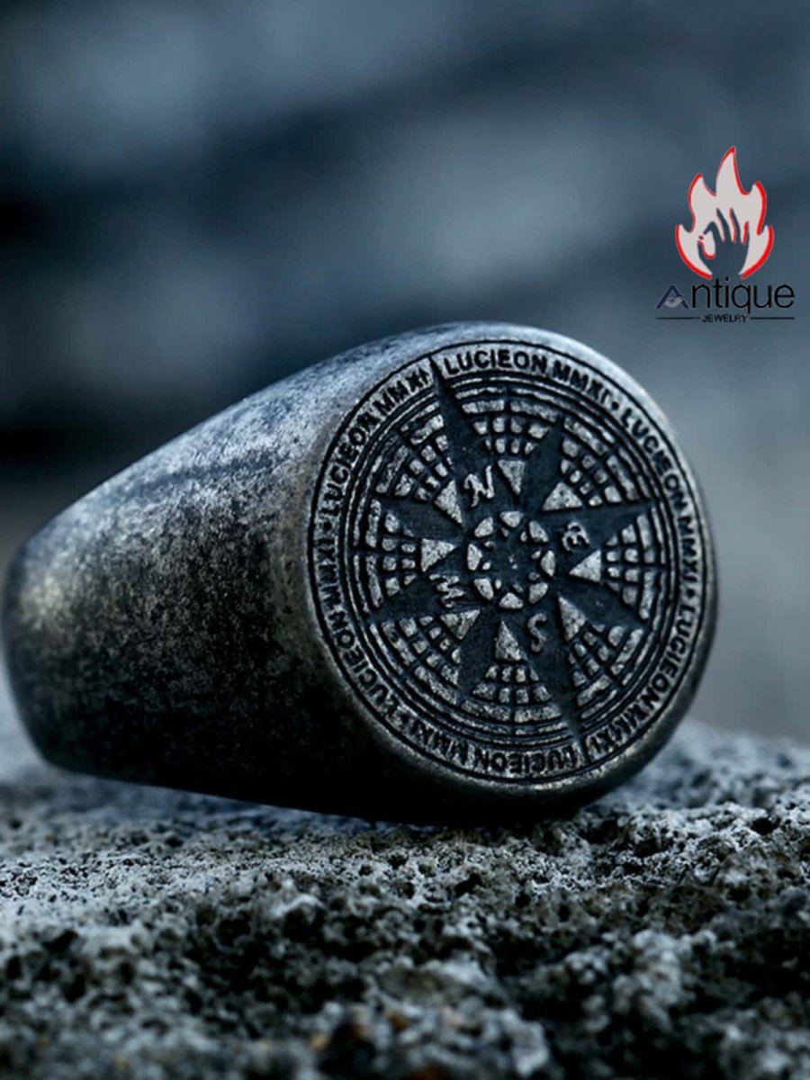 画像4: Antique Jewelry ビンテージ風コンパストーテムリング チタンスチール メンズ指輪 (4)