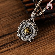 画像2: S925 純銀 ネックレス メンズ 星芒 航海コンパス サンフラワー 両面デザイン ヴィンテージ風 個性的 ニッチデザイン シルクアクセサリー (2)
