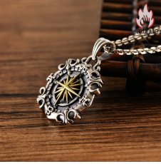 画像3: S925 純銀 ネックレス メンズ 星芒 航海コンパス サンフラワー 両面デザイン ヴィンテージ風 個性的 ニッチデザイン シルクアクセサリー (3)