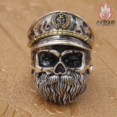画像2: Antique Jewelry S925 シルバー スカルリング メンズ ゴシックスタイル ヴィンテージ加工 海賊船長 ドクロモチーフ 指輪 アクセサリー (2)