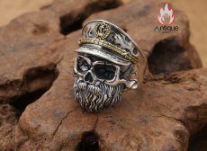 画像4: Antique Jewelry S925 シルバー スカルリング メンズ ゴシックスタイル ヴィンテージ加工 海賊船長 ドクロモチーフ 指輪 アクセサリー (4)