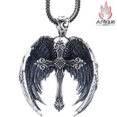 画像1: Antique Jewelry S925 シルバー エンジェルウィング 十字架 ネックレス メンズ ヴィンテージ加工 アンティーク調 羽根モチーフ (1)