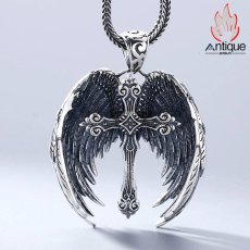 画像2: Antique Jewelry S925 シルバー エンジェルウィング 十字架 ネックレス メンズ ヴィンテージ加工 アンティーク調 羽根モチーフ (2)