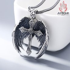 画像5: Antique Jewelry S925 シルバー エンジェルウィング 十字架 ネックレス メンズ ヴィンテージ加工 アンティーク調 羽根モチーフ (5)