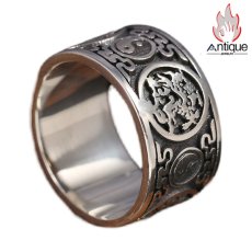 画像1: Antique Jewelry S925 シルバー 四神獣 デザインリング メンズ ワイド幅 ヴィンテージ風 個性派 ファッション指輪 (1)